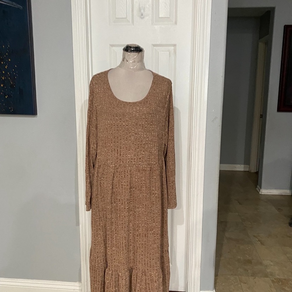New Women 3XL Brown Long-sleeved Midi dress tiered babydoll sweater Dress - Picture 5 of 8